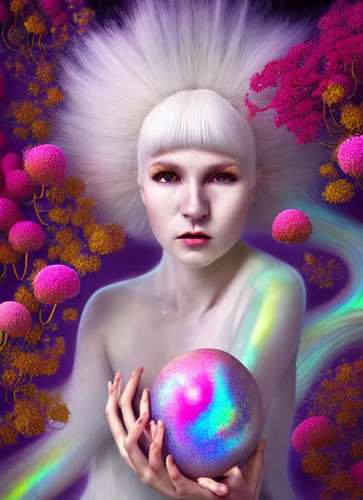 Image similar to hyper detailed 3d render like a Oil painting - kawaii portrait Aurora (white haired Singer Marten) seen Eating of the Strangling network of yellowcake aerochrome and milky Fruit and Her delicate Hands hold of gossamer polyp blossoms bring iridescent fungal flowers whose spores black the foolish stars by Jacek Yerka, Mariusz Lewandowski, Houdini algorithmic generative render, Abstract brush strokes, Masterpiece, Edward Hopper and James Gilleard, Zdzislaw Beksinski, Mark Ryden, Wolfgang Lettl, hints of Yayoi Kasuma, octane render, 8k