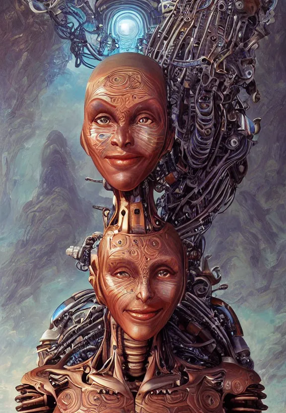 Prompt: perfectly centered portrait, front view of a beautiful biomechanical android alien robot sri lankan landscape, female, flowing hair, intense stare, sarcastic smile, symmetrical, concept art, intricate detail, volumetric shadows and lighting, realistic oil painting by tim hildebrandt,