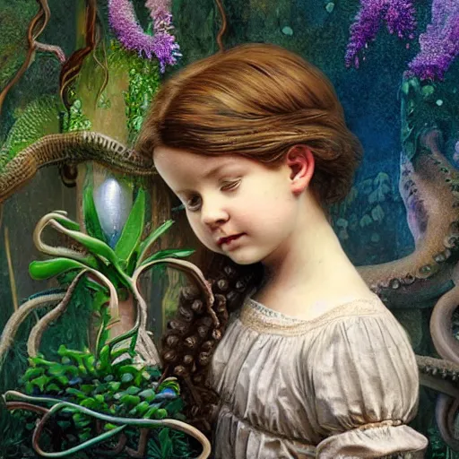 Prompt: detailed matte painting of a full complete head and body view of a beautiful victorian girl child touching an octopus plant in a garden by android jones, 8 k, realistic