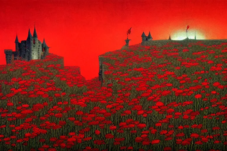 Image similar to only with red, red flowers of different types, a red tiger, a castle in the background, medieval demons dance over the flowers, an ancient path, in the style of beksinski, part by hopper, part by rodcenko, part by hofbauer, intricate composition, red by caravaggio, insanely quality, highly detailed, masterpiece, red light, artstation