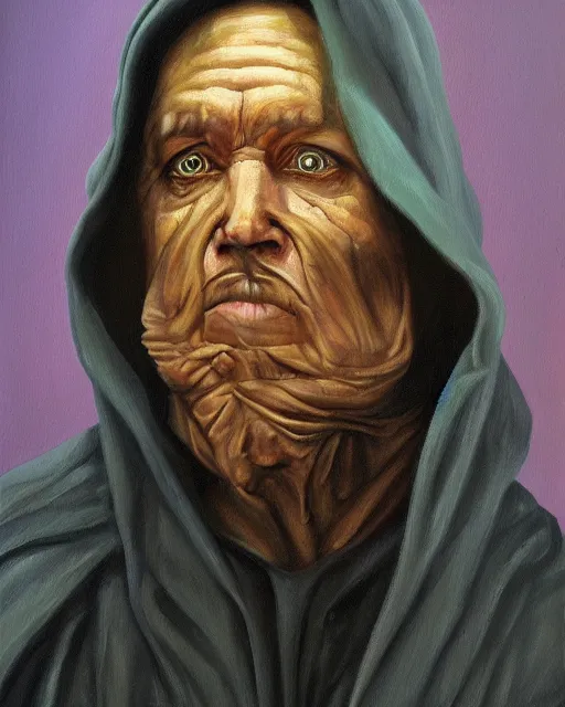 Image similar to oil painting portrait of a man in dark robes, hooded, made by greg rukowtski, fantasy, moodly