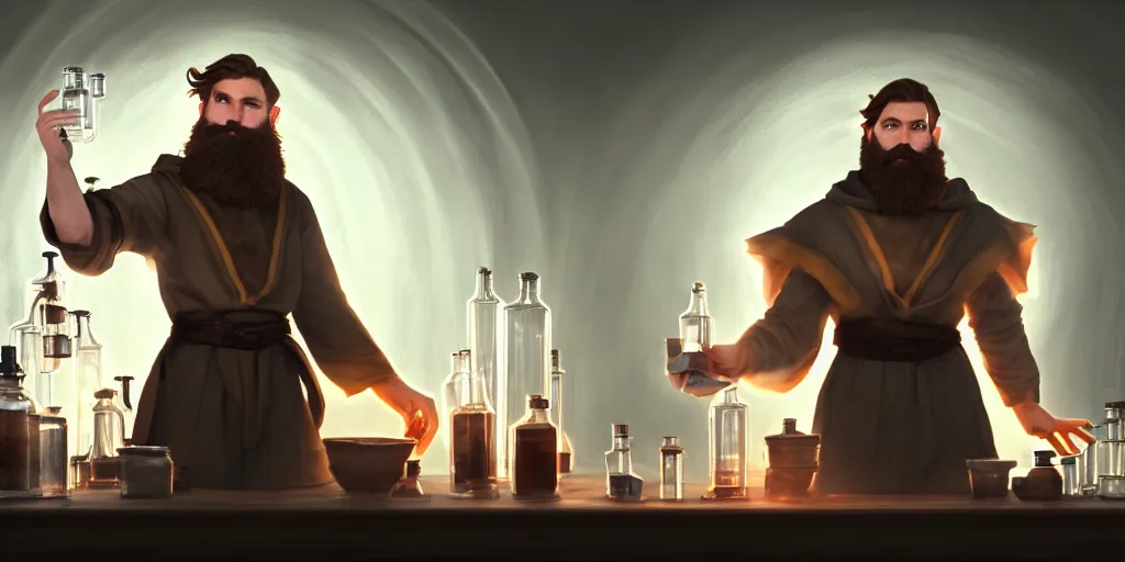 Prompt: a handsome bearded caucasian male sorcerer with brown hair he is casting a spell with flowing energy, he is in a alchemist lab filled with beakers and equipment, neutral pose, epic composition, 4 k, trending on artstation, by jason chan