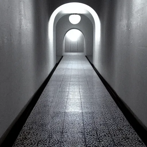 Image similar to Beautiful Fuzzy wide-eye-lens 15mm, harsh flash, cameraphone 2002, Photograph of an tiled infinite foggy foggy foggy liminal pool pool hallway hallway hallway with archways and water on the floor