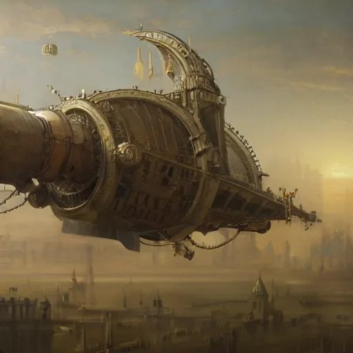 Prompt: Steampunk airship flies above a renaissance city oil painting, sharp focus, fantasy style, octane render, volumetric lighting, 8k high definition, by greg rutkowski, highly detailed, trending on art station