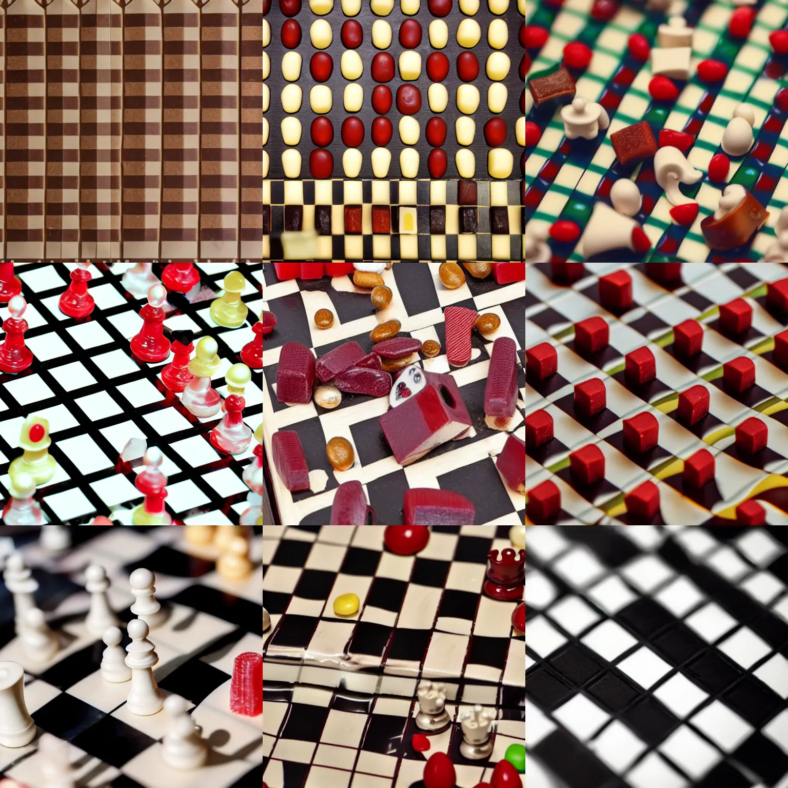 Prompt: close up of a chessboard made of candy