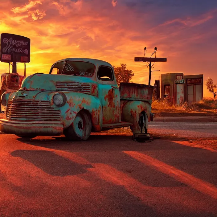 Image similar to a sunset light landscape with historical route 6 6, lots of sparkling details and sun ray ’ s, blinding backlight, smoke, volumetric lighting, colorful, octane, 3 5 mm, abandoned gas station, old rusty pickup - truck, beautiful epic colored reflections, very colorful heavenly, softlight