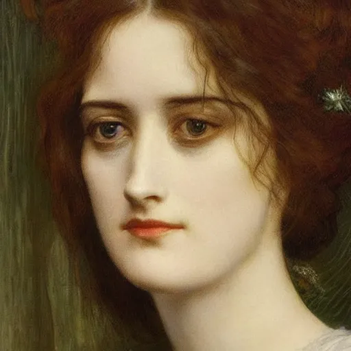 Image similar to portrait en buste of eva green in an edwardian dress by frederic william burton and frederic leighton, abundantly detailed, perfectly detailed eyes