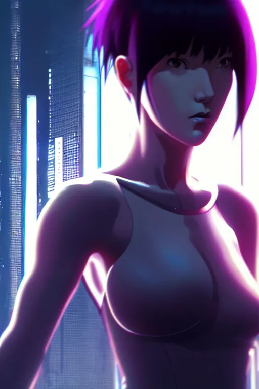 Image similar to a film still portrait of a motoko kusanagi ghost in the shell, finely detailed features : : gits sac 2 0 4 5 by pixar : : by ilya kuvshinov, rossdraws, artgerm, sola digital arts, octane render, production i. g, volumetric lighting, anti aliasing, raytracing : :