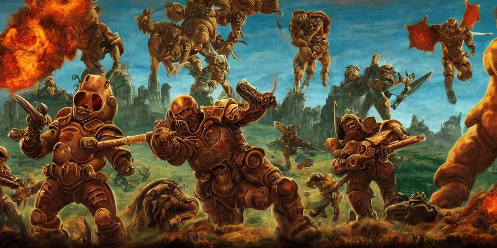 Prompt: Medieval fresco of the Doom Slayer from Doom Eternal fighting and shooting Teletubbies in hell, 4k, highly detailed,