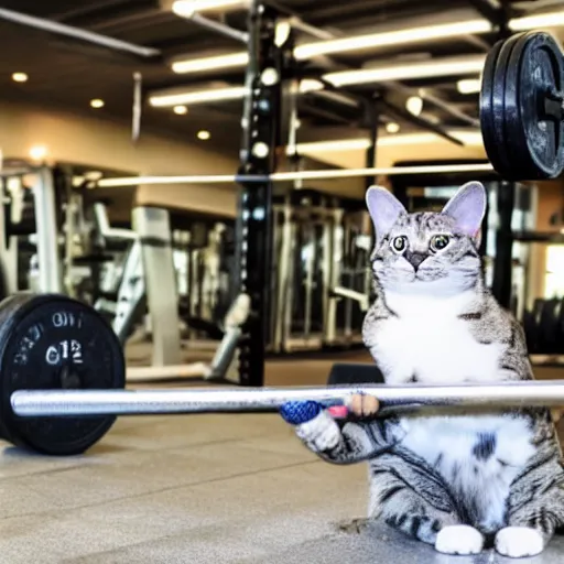 Image similar to an anthropomorphic cat doing deadlifts weight training exercise with a loaded barbell at a gym