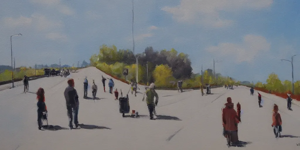 Image similar to People strolling along the highway, Martin Handford painting style.