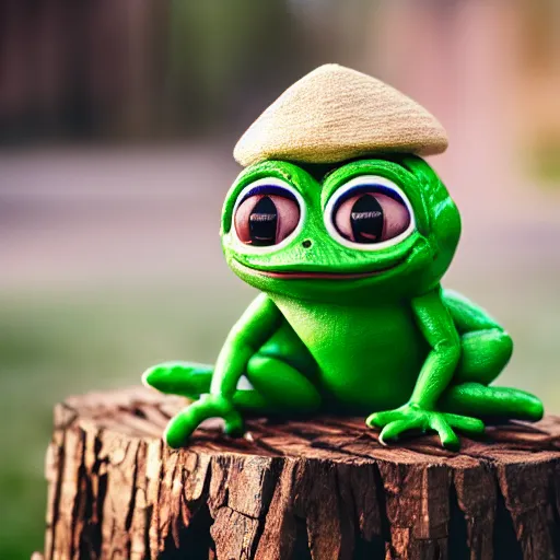 Image similar to baby pepe the frog wearing a very very small sombrero, sitting on a log, pixar, disney, dynamic lighting, bokeh