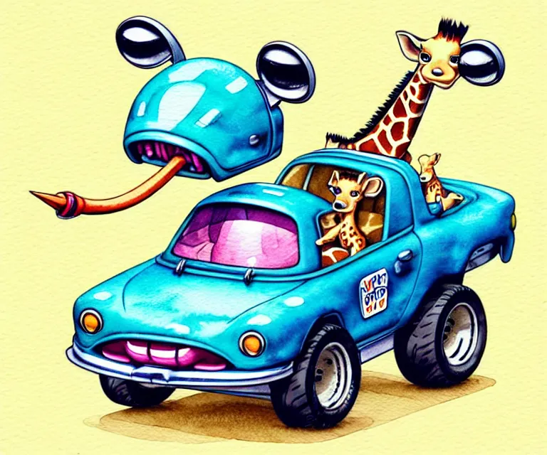 Image similar to cute and funny, baby giraffe wearing a helmet riding in a tiny hot rod with oversized engine, ratfink style by ed roth, centered award winning watercolor pen illustration, isometric illustration by chihiro iwasaki, edited by range murata, tiny details by artgerm and watercolor girl, symmetrically isometrically centered