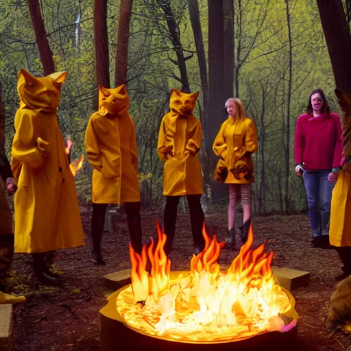 Image similar to a gathering of yellow raincoat wearing cat magicians summon a fire goddess from the depths of a raging fire pit, flames are emerging from fissures in the ground.