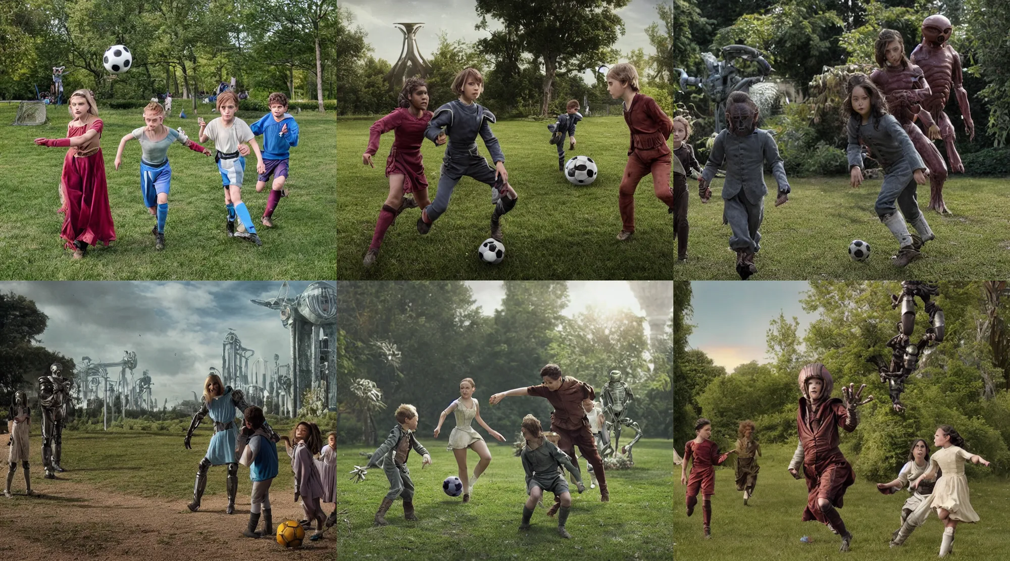 Prompt: still from a sci fi blockbuster movie made in 2022, set in 1860, a boy and a girl are playing soccer with a humanoid alien, the boy and girl are wearing 1850s era clothes, in a park full of alien plants and flowers, on an alien planet, good lighting, 8k, in focus faces, good qaulity photography