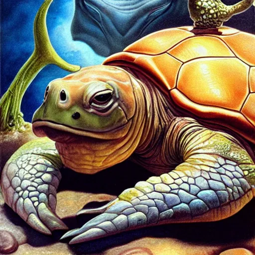 Image similar to a turtle wearing a cow head, surrealism, painting by boris vallejo and michael whelan