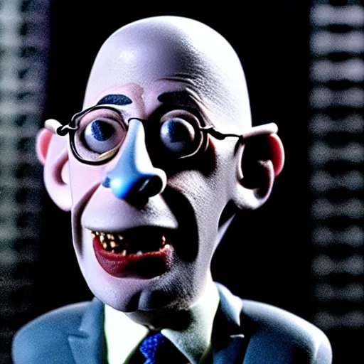 Image similar to claymation anthony fauci by klaus schwab, hyperrealistic, very detailed, tim burton, 3 5 mm film still, gothic, horror, eldritch