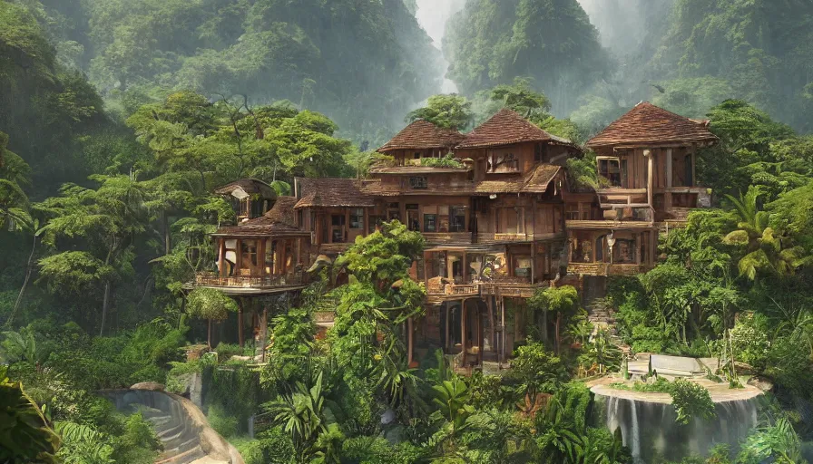 Prompt: Magnificent glazed villa with a wooden balcory built on the edge of a green mountains in the jungle, hyperdetailed, artstation, cgsociety, 8k