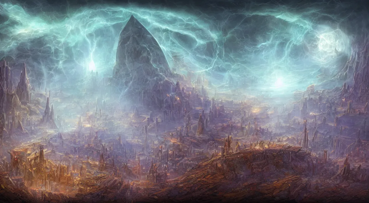 Image similar to tony diterlizzi's beautiful digital painting of sigil, the city of doors, located atop the spire in the outlands. it has the shape of a torus, and the city itself is located on the inner surface of the ring. there is no sky., digital art, volumetric lightning, amazing fantasy art