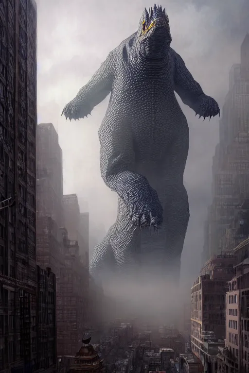 Image similar to kaiju in new york, highly detailed, d & d, volumetric fog, fantasy, highly detailed, digital painting, trending on artstation, concept art, sharp focus, illustration, global illumination, ray tracing, realistic shaded, art by artgerm and greg rutkowski and fuji choko and viktoria gavrilenko and hoang lap, sunny