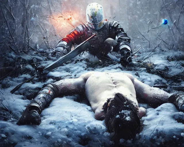 Image similar to Highly realistic oil painting of a wounded knight lying in the snow, surrounded by blue flowers, blood on flowers, by greg rutkowski, highly detailed, cinematic lighting, moody, dark