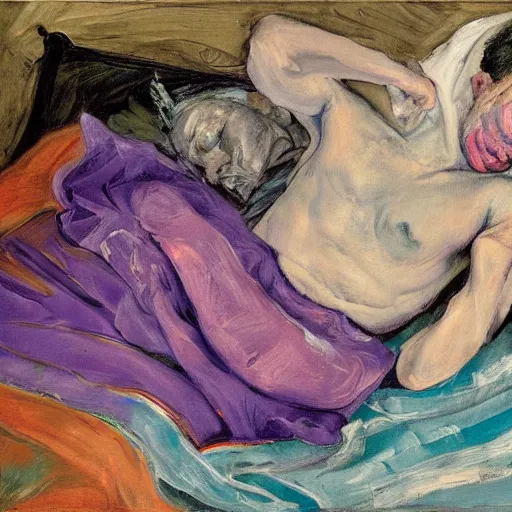 Image similar to high quality high detail expressionist painting of a man sick in bed by lucian freud and jenny saville and francis bacon and francisco goya and edvard munch, hd, anxiety, turquoise and purple and orange and pink