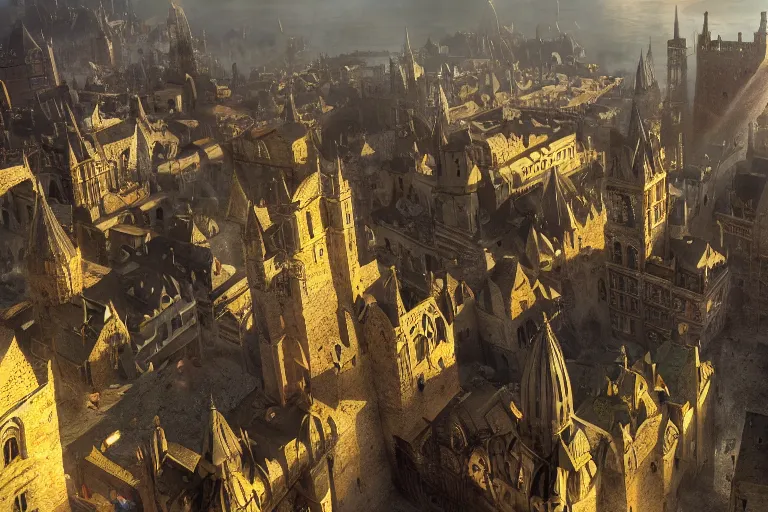 Image similar to A medieval city, fantasy, dynamic lighting, cinematic, concept art, trending on artstation, sharp focus, highly detailed, 8k, photo, still, midday, sunny, pov