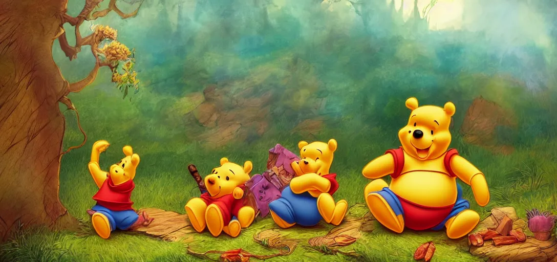 Image similar to winnie the pooh sitting on a giant pile of treasure, 4k, award-winning art, digital art, matte painting, trending on artstation, 4k