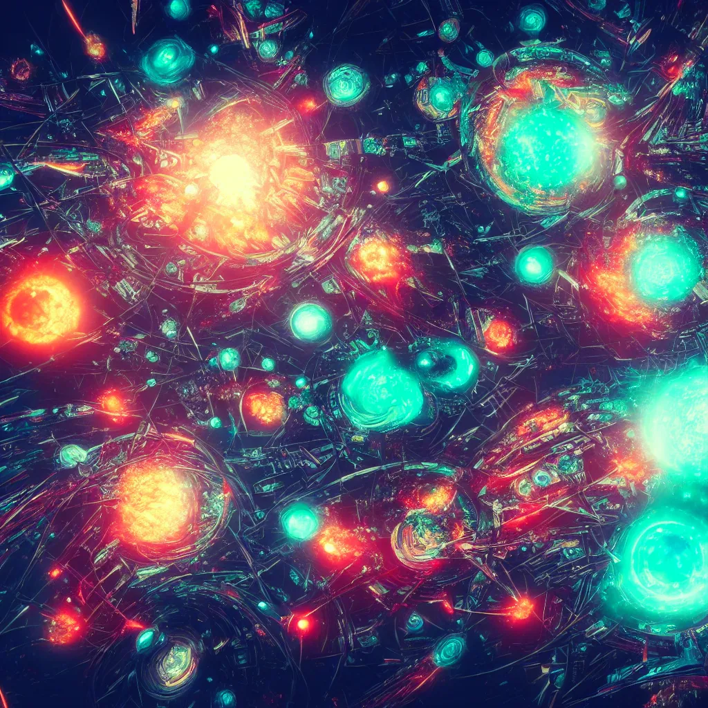 Prompt: the birth of the multiverse from particles of chaos, futurism, supernova, fractal, landscape, realistic, cyberpunk, steampunk, neon, 8 k