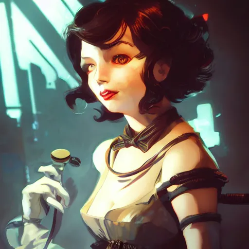 Image similar to Elizabeth from Bioshock, smiling sweetly, dramatic lighting, illustration by Rossdraws, yoji shinkawa, 4k, digital art, concept art, trending on artstation