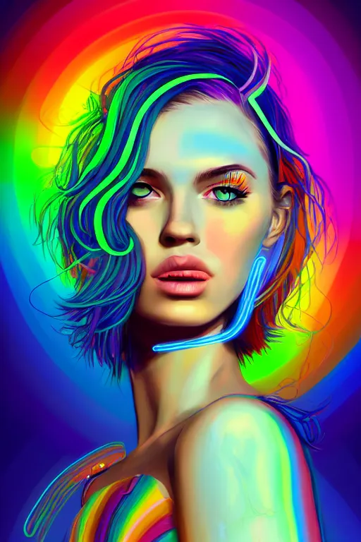 Image similar to a award winning portrait of a beautiful woman with stunning eyes in a one off shoulder croptop and cargo pants with rainbow colored hair, outlined by whirling illuminated neon lines and fine lines swirling in circles by rhads, digital art, trending on artstation