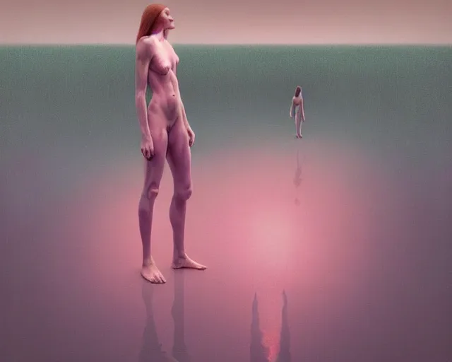 Image similar to iridescent, portrait, neon body, rocky lake shore, alien woman, a otherwordly huge monster is appraching from the horizon, glowing red, by edgar maxence and ross tran, zdzisław beksinski, and michael whelan, distant, gustav dore, h. r. giger, 8 k, octane render