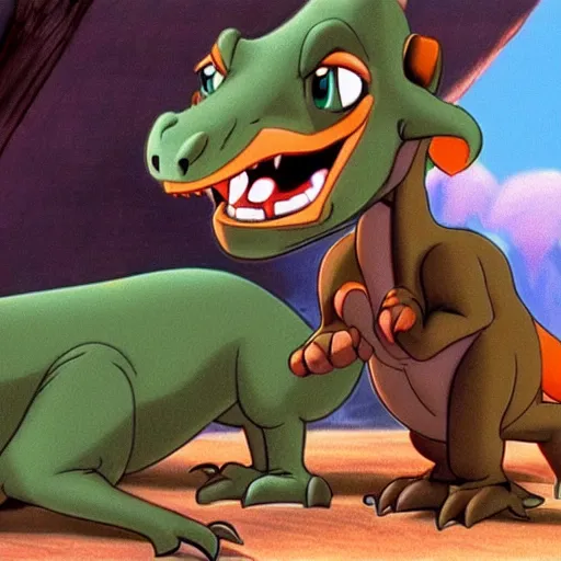 Prompt: cinematic still of a cartoon baby dinosaur by Don Bluth, 90s animation, land before time, hyperdetailed, 8k