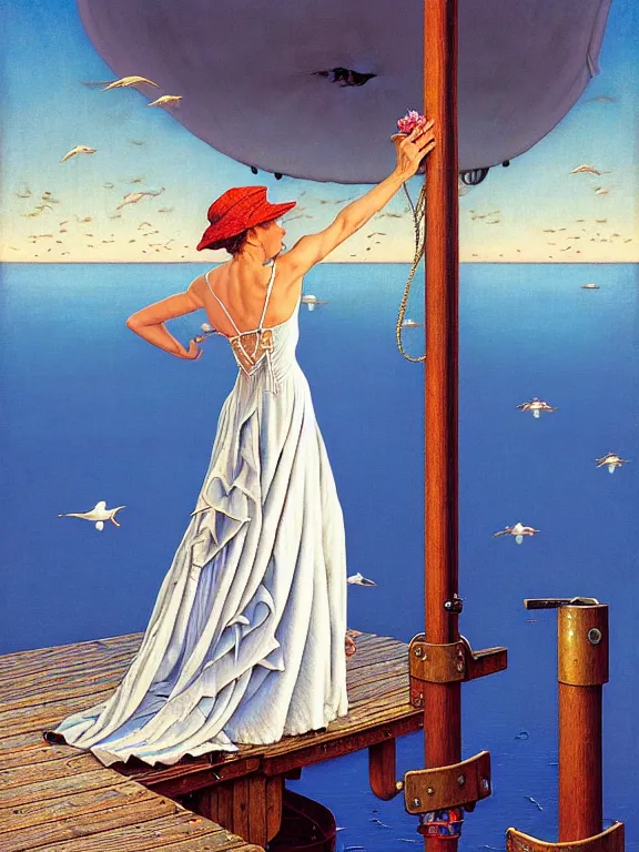 Image similar to a fancy beautiful woman standing on a wharf at the edge of a cold sea by rob gonsalves and vladimir kush and ruth deckard and gil elvgren and harry ekman and george petty and hilo chen and norman rockwell, crisp details, hyperrealism, high detail, high contrast, low light, grey mist, cobblestones, dim lantern