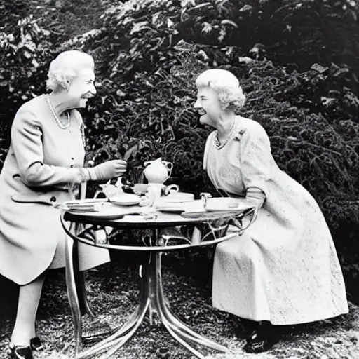 Image similar to photo of queen elizabeth having tea with a caveman