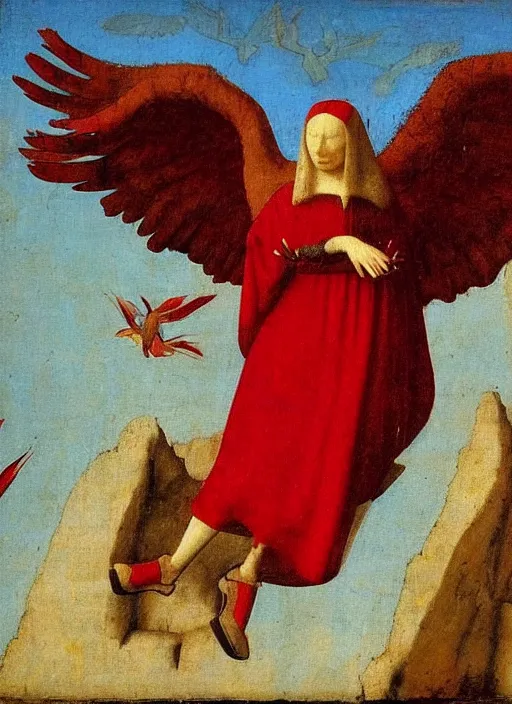 Prompt: Flying Fallen Angel with wings dressed in red, Medieval painting by Jan van Eyck, Johannes Vermeer, Florence