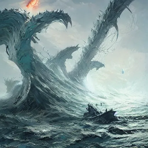 Prompt: rough sea destroying ships, tentacles rising from the sea, magic the gathering art, art by greg rutkowski, fantasy rpg, league of legends