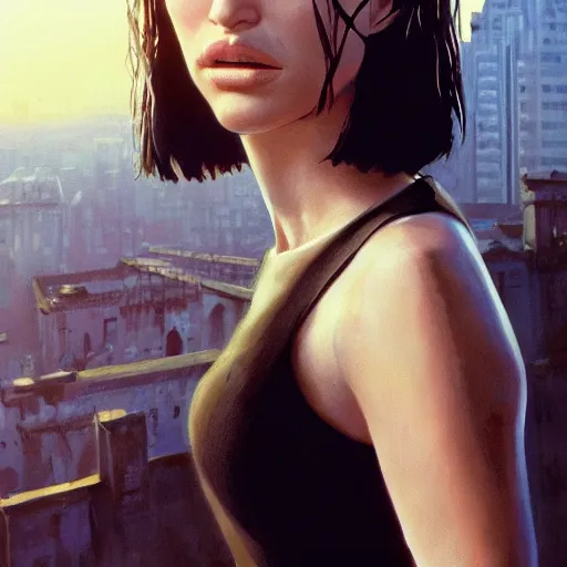 Prompt: closeup portrait of natalie portman from the movie leon the professional, matilda, hitman, city background, dramatic light, gorgeous view, depth, high detail, digital art, painted by greg rutkowski and seb mckinnon, by tim burton, trending on artstation