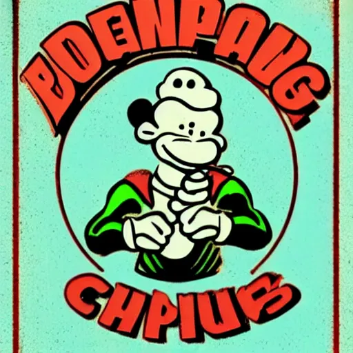 Image similar to dream logo for cannabis company, Popeye smoking cannabis, old, dates, worn, faded