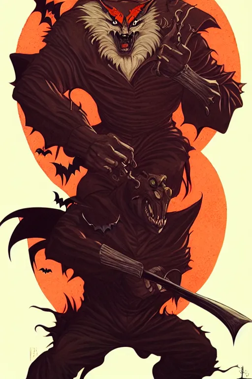 Image similar to concept art design illustration, halloween, werewolf, vampire, hunter, 1 6 colors, logo, ink drawing, art by jc leyendecker and sachin teng