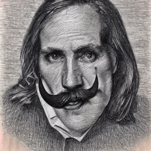 Image similar to A crosshatched portrait drawing of Jerma985 with a pyramidal mustache in the mid-late 1800s, cross haching, crosshatching, mid-late 1800s, grainy, realistic, hyperrealistic, very realistic, highly detailed, very detailed, extremely detailed, detailed, trending on artstation