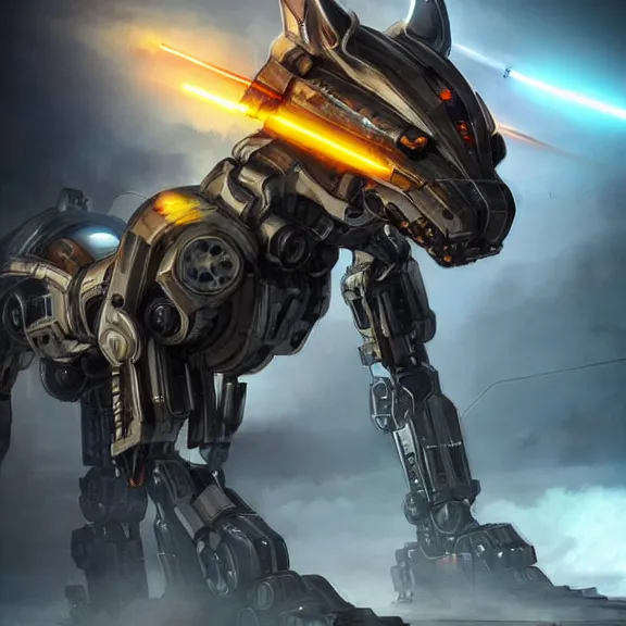 Prompt: hyper realistic, epic, highly detailed cinematic full body shot of a gigantic feral mecha canine, sharp metal claws, cannon mounted on back, sleek armor, glowing visor, destroying city, digital art, furry art, macro art, dragon art, furaffinity, deviantart, sofurry