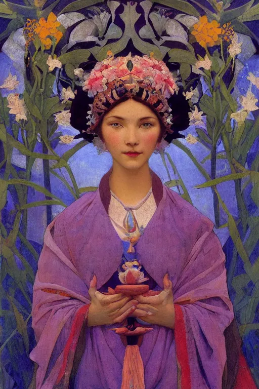 Prompt: queen of flowers in the snow, by Nicholas Roerich and Annie Swynnerton and Diego Rivera and John William Godward, dramatic cinematic lighting , ornate headdress , flowing robes, sacred artifacts, lost civilizations, smooth, sharp focus, extremely detailed