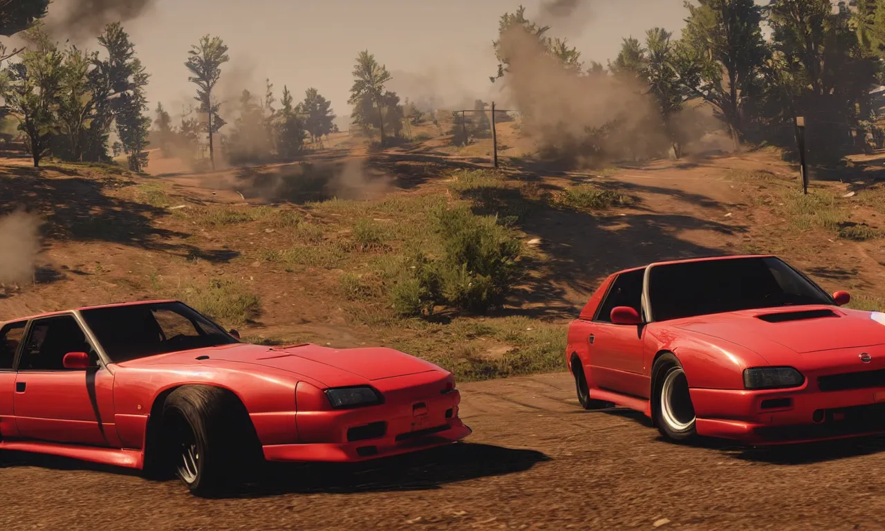 Image similar to a photo of a nissan s 1 3 drifting in red dead redemption 2