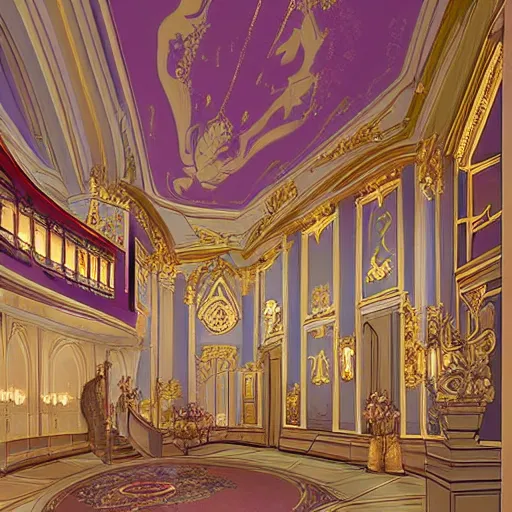 Prompt: “Entry foyer to Cinderellas castle, wide grand staircase, high ceiling, pastel color palette, concept art”