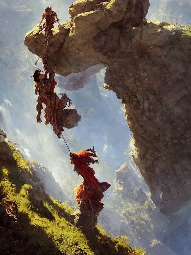 Image similar to oil art of young roma mage adventurer climbing down a cliffside in style of disco elysium character, gipsy jester character design from ravenloft, art by anders zorn, wonderful masterpiece by greg rutkowski, beautiful cinematic light, american romanticism by greg manchess, jessica rossier