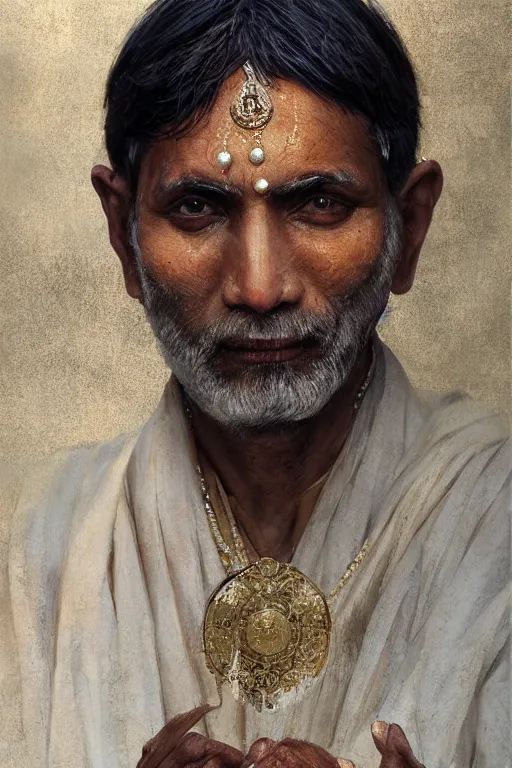 Image similar to hindu priest, close - up portrait, devoted, intricate, elegant, volumetric lighting, scenery, digital painting, highly detailed, artstation, sharp focus, illustration, concept art, ruan jia, steve mccurry