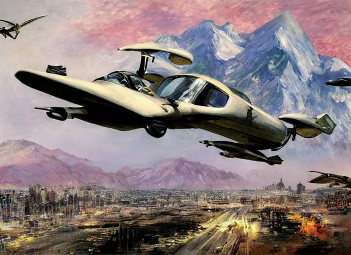 Prompt: illustration of a flying car crossing at full speed between buildings in futuristic santiago de chile with the andes mountain range in the background in a dystopian future by john berkey and monet