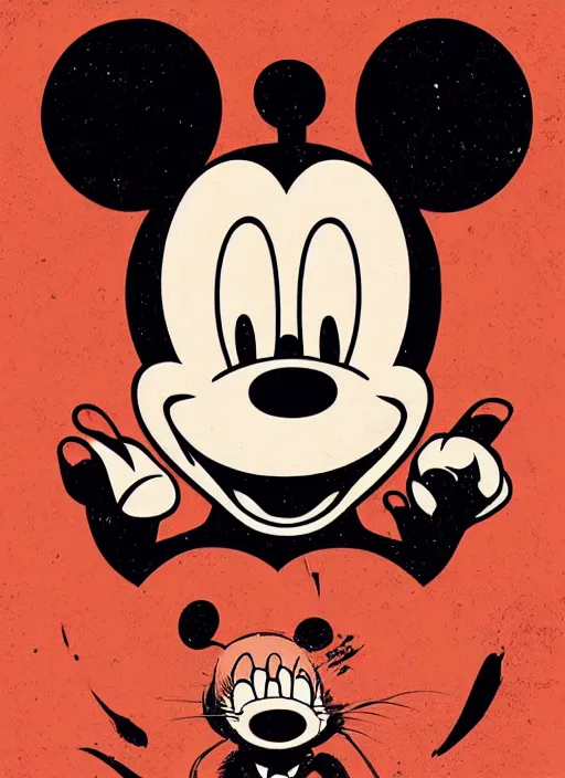 Image similar to highly detailed delirium face portrait of mickey mouse by petros afshar, tom whalen, laurie greasley, war face by greg rutkowski