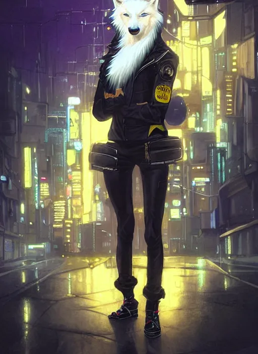 Image similar to award winning beautiful portrait commission of a male furry anthro albino wolf fursona with a tail and a cute beautiful attractive detailed furry face wearing stylish black and yellow cyberpunk biker clothes in a cyberpunk city at night while it rains. Character design by charlie bowater, ross tran, artgerm, and makoto shinkai, detailed, inked, western comic book art